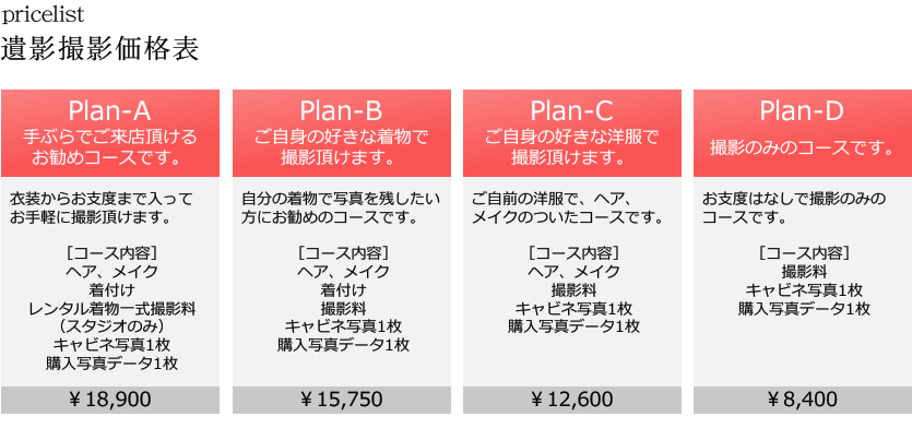 遺影撮影価格表